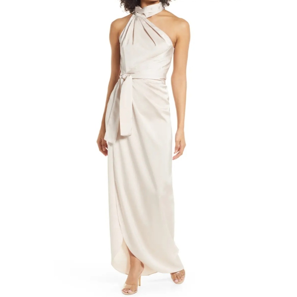 Elle Zeitoune Champagne Satin Halter Neck Maxi Dress‎ Gown Medium Formal Wedding